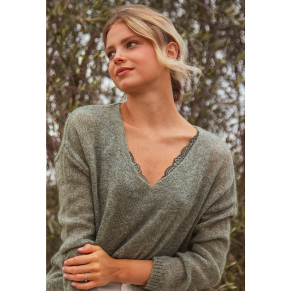 Nina Kendosa Paris Fine Mesh Mohair Nice V-neck Long Sleeve Sweater, One Size